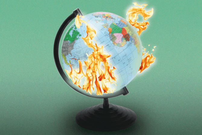 A globe on fire, representing climate anxiety