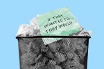 toxic dating rules written on pieces of paper in a trash can.