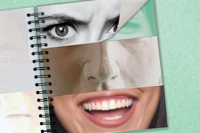 A flip book with three different kinds of faces to represent masking