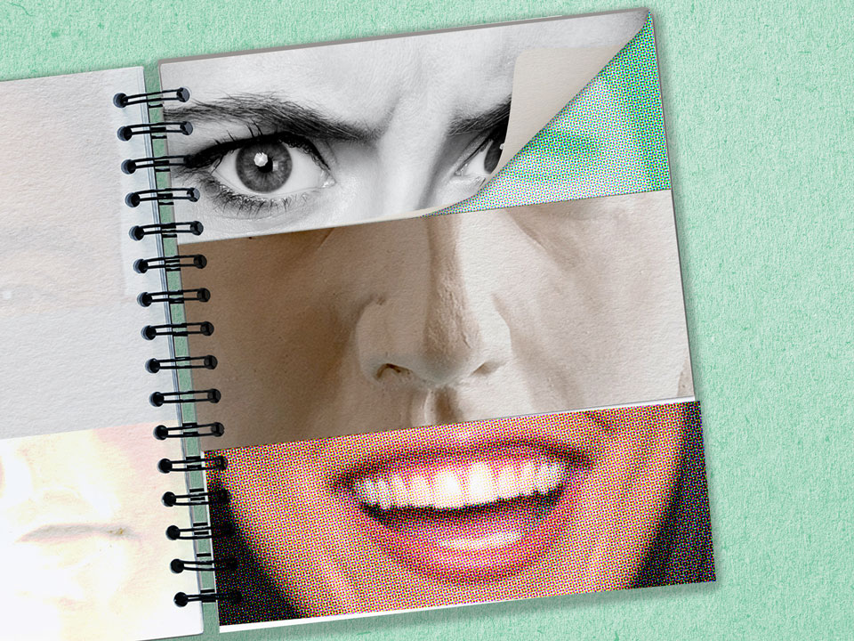 A flip book with three different kinds of faces to represent masking