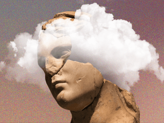 an old sculpture with its head in the clouds to show that it's distracted