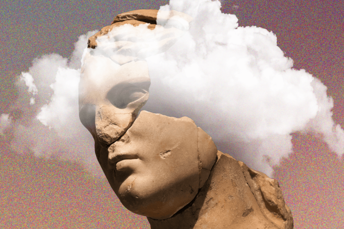 an old sculpture with its head in the clouds to show that it's distracted