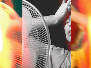 a collage of fire and a fan an a woman sweating symbolizing menopause and depression